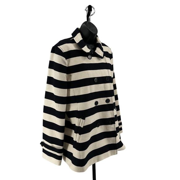 Ann Taylor Loft Striped Jacket Women's L Black Cream Double Breasted Long Sleeve - Picture 3 of 8